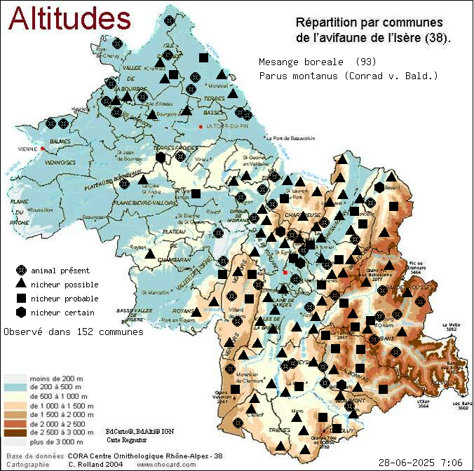 Msange borale (Parus montanus (Conrad v. Bald.)): carte de rpartition en Isre