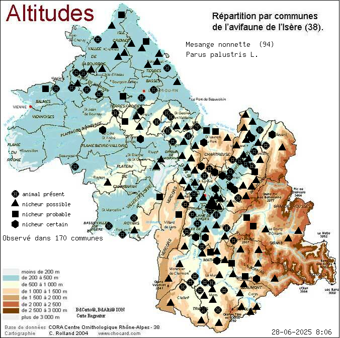 Msange nonnette (Parus palustris L.): carte de rpartition en Isre