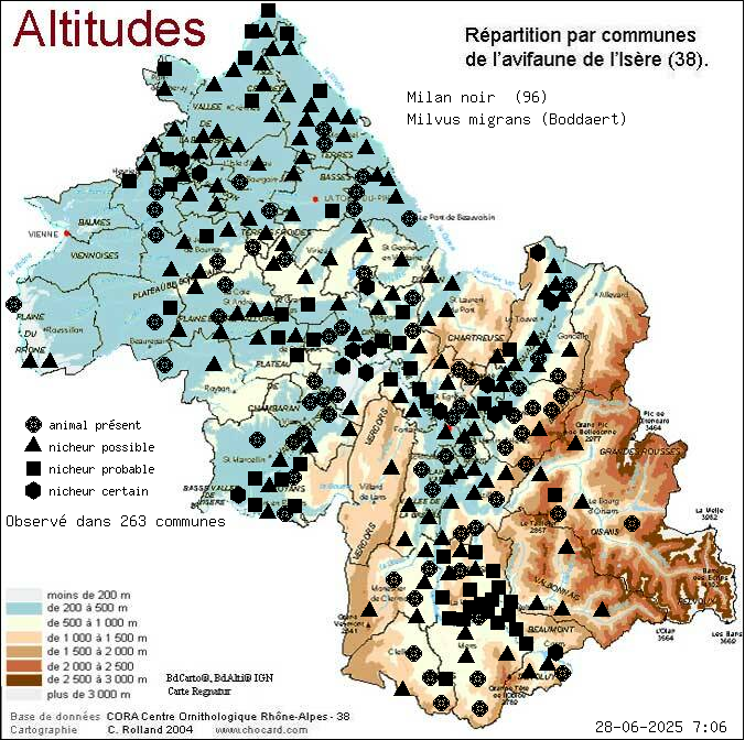 Milan noir (Milvus migrans (Boddaert)): carte de rpartition en Isre