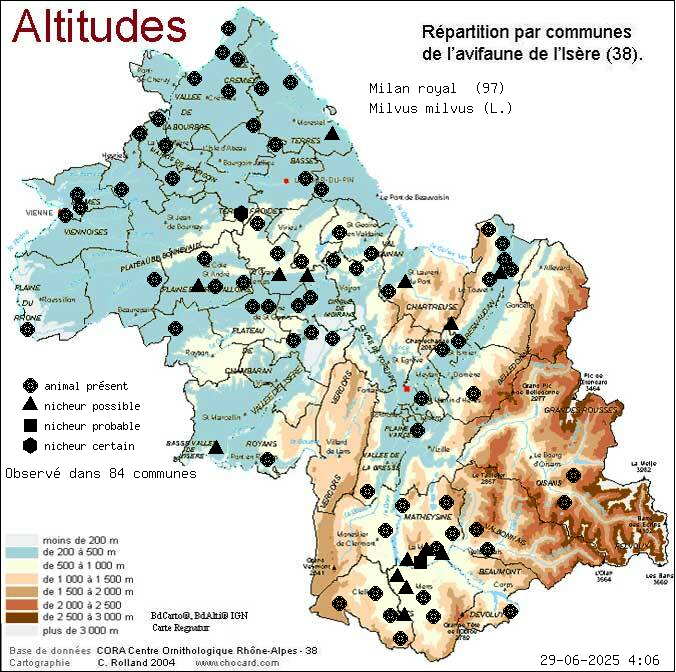 Milan royal (Milvus milvus (L.)): carte de rpartition en Isre