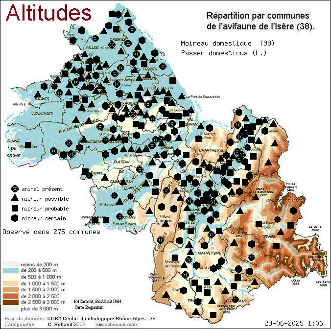 Moineau domestique (Passer domesticus (L.)): carte de rpartition en Isre