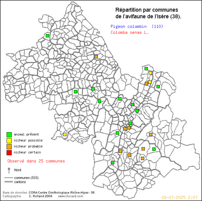 Pigeon colombin (Colomba oenas L.): carte de rpartition en Isre