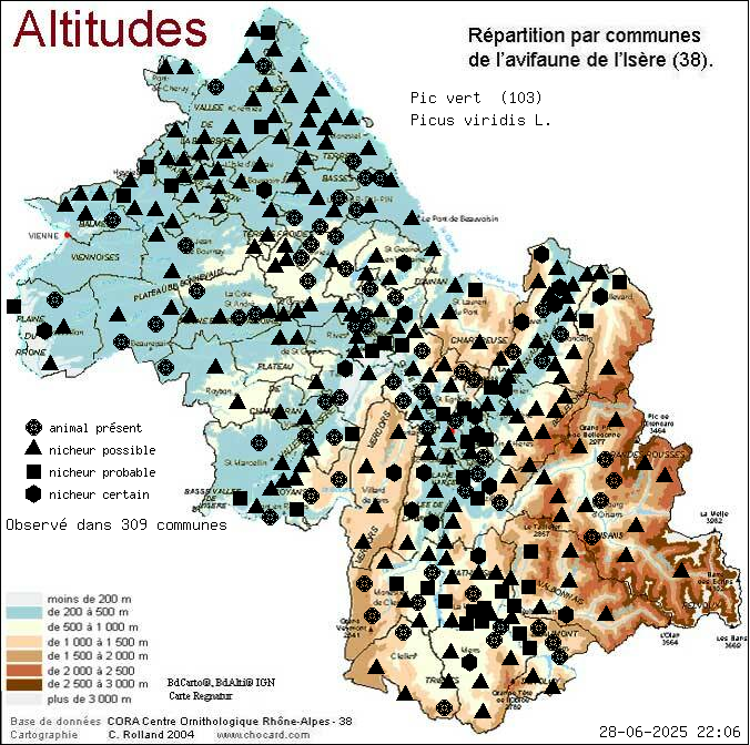 Pic vert (Picus viridis L.): carte de rpartition en Isre