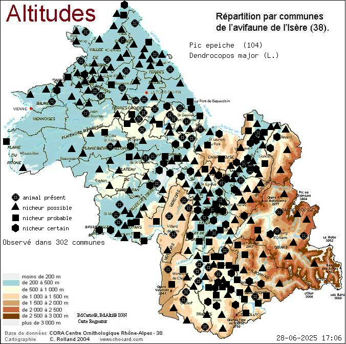 Pic peiche (Dendrocopos major (L.)): carte de rpartition en Isre
