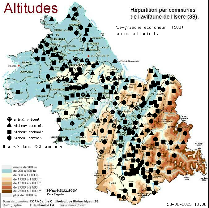 Pie-griche corcheur (Lanius collurio L.): carte de rpartition en Isre