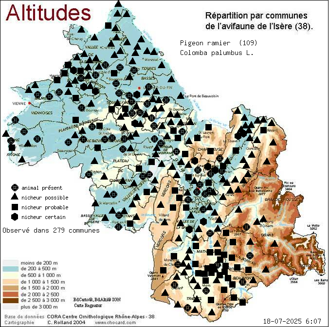 Pigeon ramier (Colomba palumbus L.): carte de rpartition en Isre