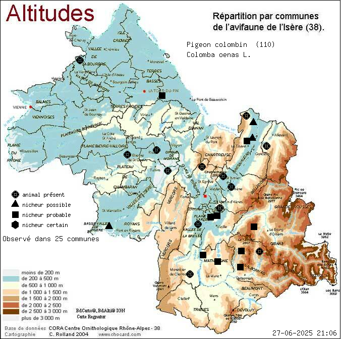 Pigeon colombin (Colomba oenas L.): carte de rpartition en Isre