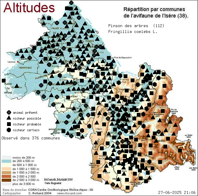 Pinson des arbres (Fringillia coelebs L.): carte de rpartition en Isre