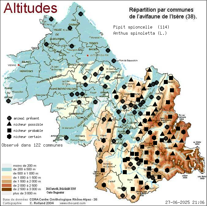 Pipit spioncelle (Anthus spinoletta (L.)): carte de rpartition en Isre