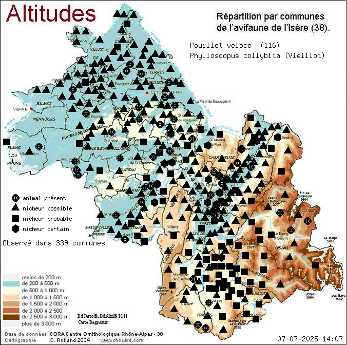 Pouillot vloce (Phylloscopus collybita (Vieillot)): carte de rpartition en Isre