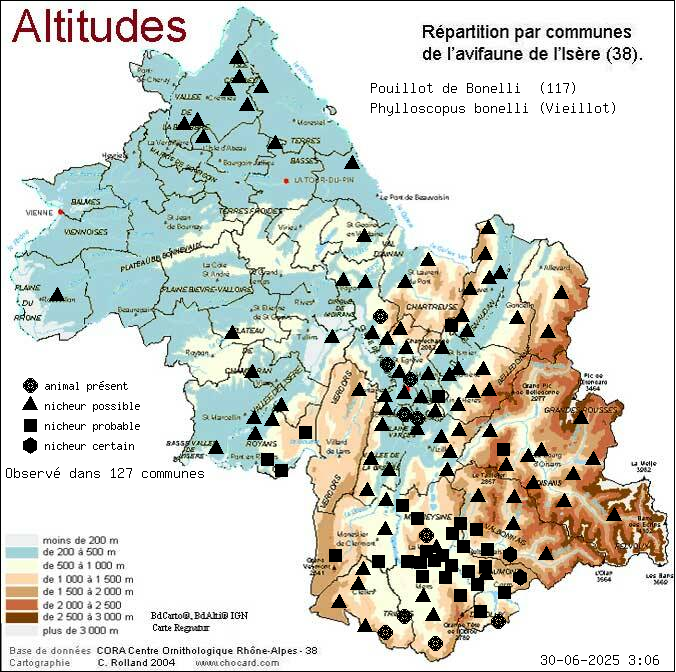 Pouillot de Bonelli (Phylloscopus bonelli (Vieillot)): carte de rpartition en Isre