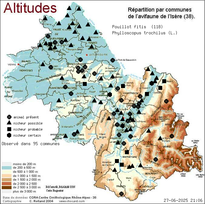 Pouillot fitis (Phylloscopus trochilus (L.)): carte de rpartition en Isre