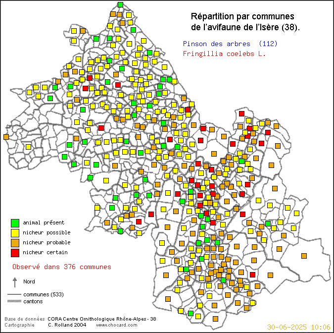 Pinson des arbres (Fringillia coelebs L.): carte de rpartition en Isre