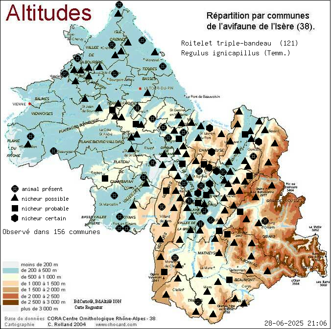 Roitelet triple-bandeau (Regulus ignicapillus (Temm.)): carte de rpartition en Isre