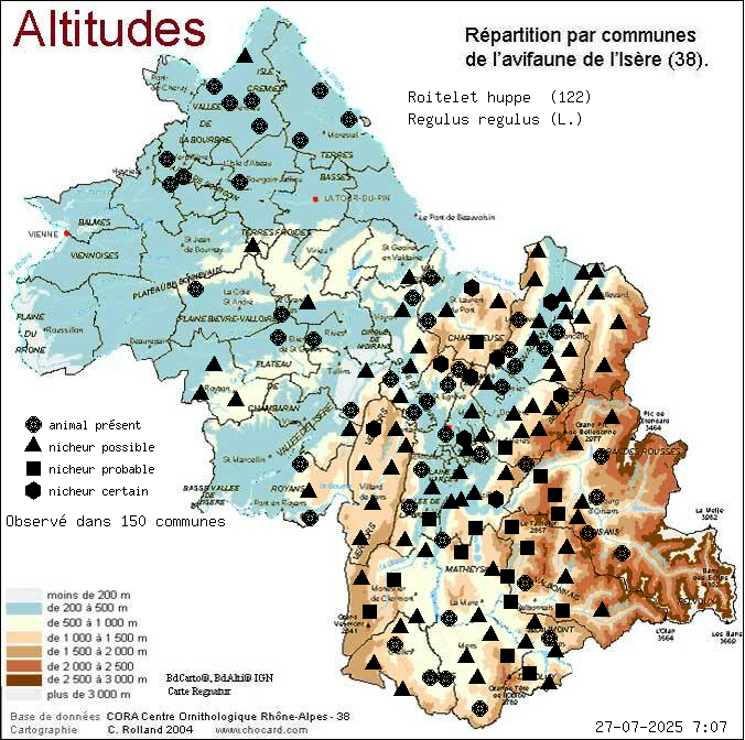 Roitelet hupp (Regulus regulus (L.)): carte de rpartition en Isre