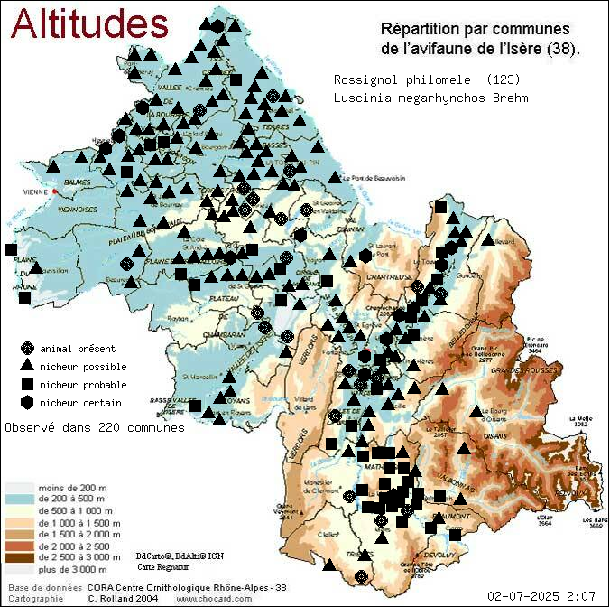 Rossignol philomle (Luscinia megarhynchos Brehm): carte de rpartition en Isre