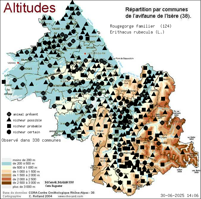 Rougegorge familier (Erithacus rubecula (L.)): carte de rpartition en Isre