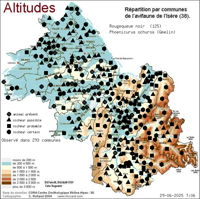 Rougequeue noir (Phoenicurus ochuros (Gmelin)): carte de rpartition en Isre