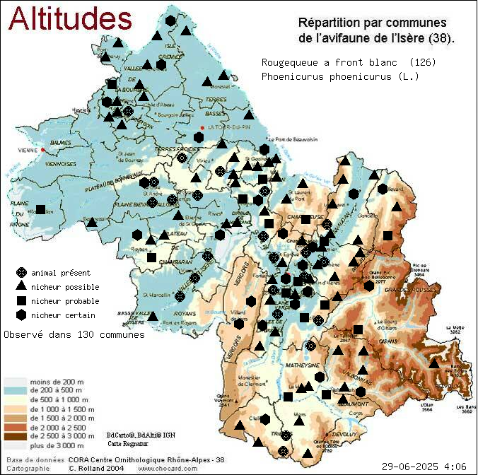 Rougequeue  front blanc (Phoenicurus phoenicurus (L.)): carte de rpartition en Isre