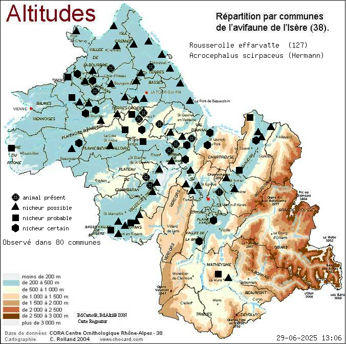 Rousserolle effarvatte (Acrocephalus scirpaceus (Hermann)): carte de rpartition en Isre