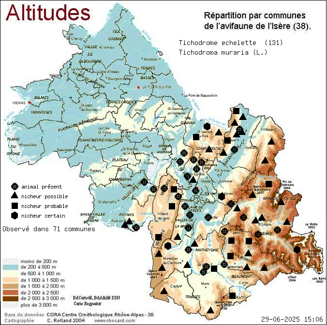 Carte de rpartition par communes en Isre d'une espce d'animal: Tichodrome chelette (Tichodroma muraria (L.)) selon Altitudes