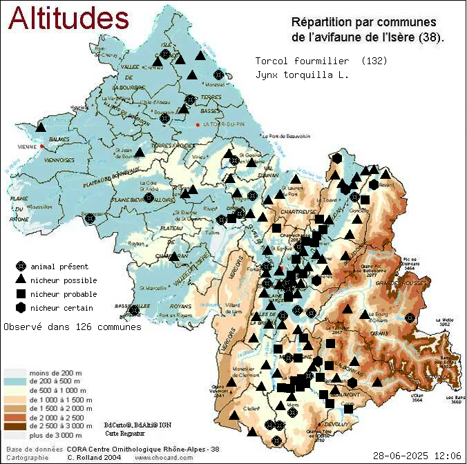 Carte de rpartition par communes en Isre d'une espce d'animal: Torcol fourmilier (Jynx torquilla L.) selon Altitudes