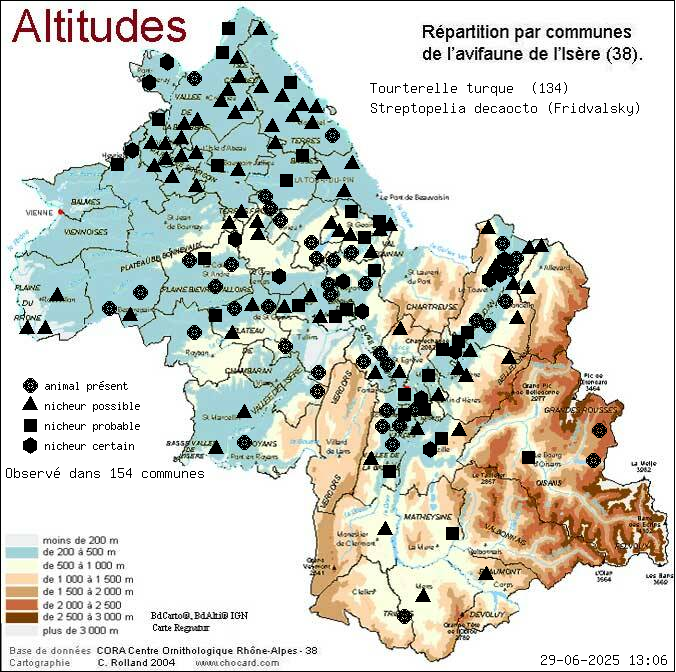 Carte de rpartition par communes en Isre d'une espce d'animal: Tourterelle turque (Streptopelia decaocto (Fridvalsky)) selon Altitudes