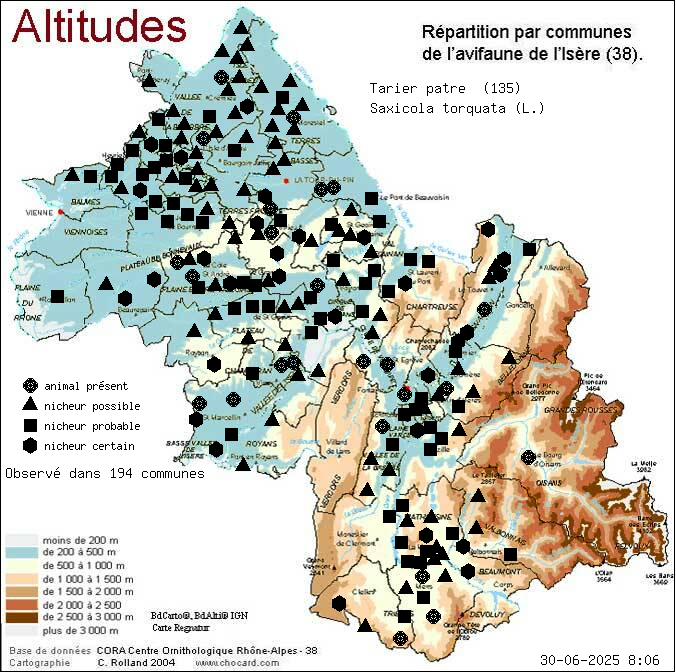 Carte de rpartition par communes en Isre d'une espce d'animal: Tarier ptre (Saxicola torquata (L.)) selon Altitudes