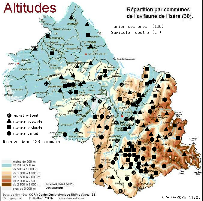 Carte de rpartition par communes en Isre d'une espce d'animal: Tarier des prs (Saxicola rubetra (L.)) selon Altitudes