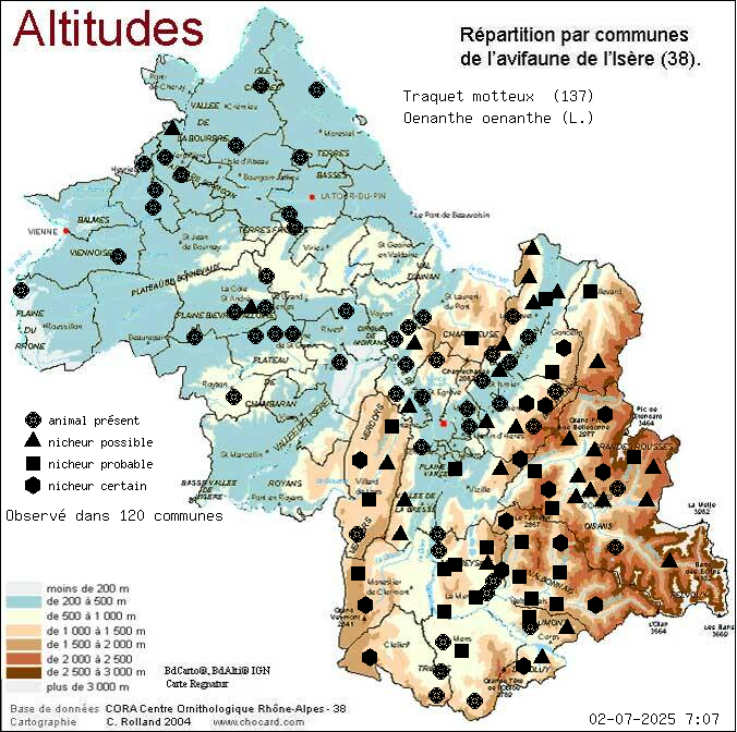Carte de rpartition par communes en Isre d'une espce d'animal: Traquet motteux (Oenanthe oenanthe (L.)) selon Altitudes