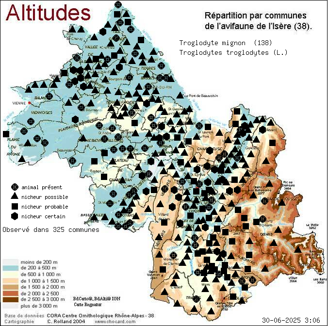 Carte de rpartition par communes en Isre d'une espce d'animal: Troglodyte mignon (Troglodytes troglodytes (L.)) selon Altitudes