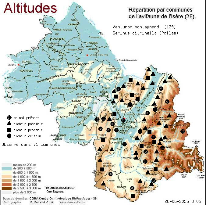 Carte de rpartition par communes en Isre d'une espce d'animal: Venturon montagnard (Serinus citrinella (Pallas)) selon Altitudes