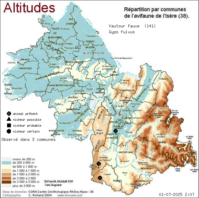 Carte de rpartition par communes en Isre d'une espce d'animal: Vautour fauve (Gyps fulvus) selon Altitudes