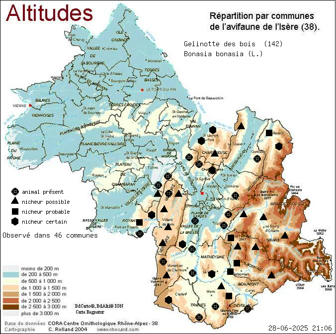 Glinotte des bois (Bonasia bonasia (L.)): carte de rpartition en Isre