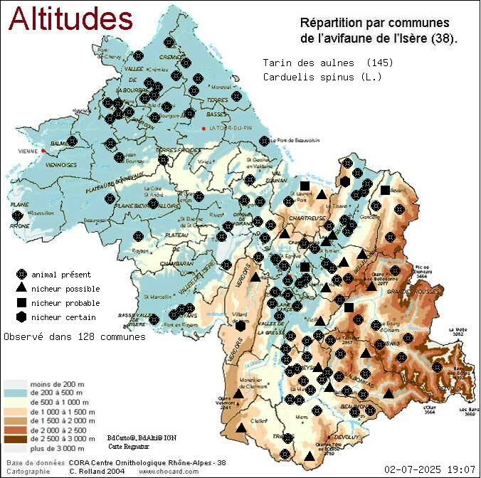 Carte de rpartition par communes en Isre d'une espce d'animal: Tarin des aulnes (Carduelis spinus (L.)) selon Altitudes