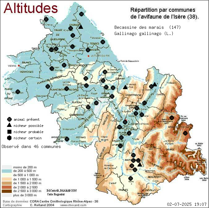 Carte de rpartition par communes en Isre d'une espce d'animal: Bcassine des marais (Gallinago gallinago (L.)) selon Altitudes