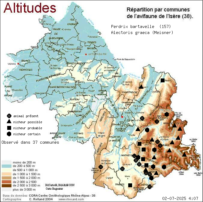 Perdrix bartavelle (Alectoris graeca (Meisner)): carte de rpartition en Isre