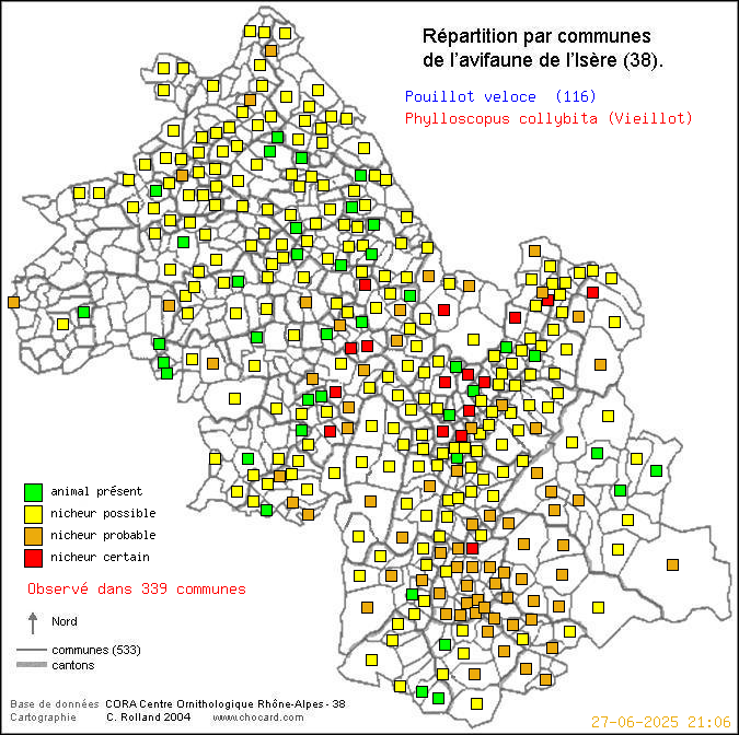 Pouillot vloce (Phylloscopus collybita (Vieillot)): carte de rpartition en Isre