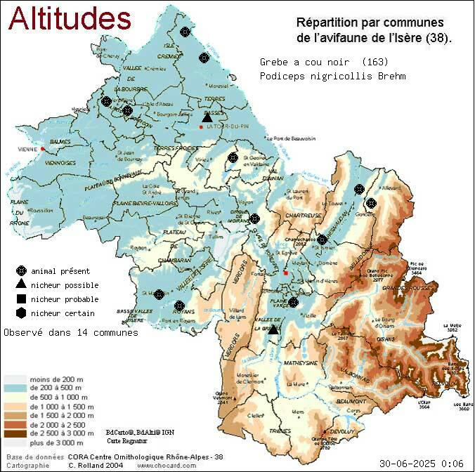 Grbe  cou noir (Podiceps nigricollis Brehm): carte de rpartition en Isre