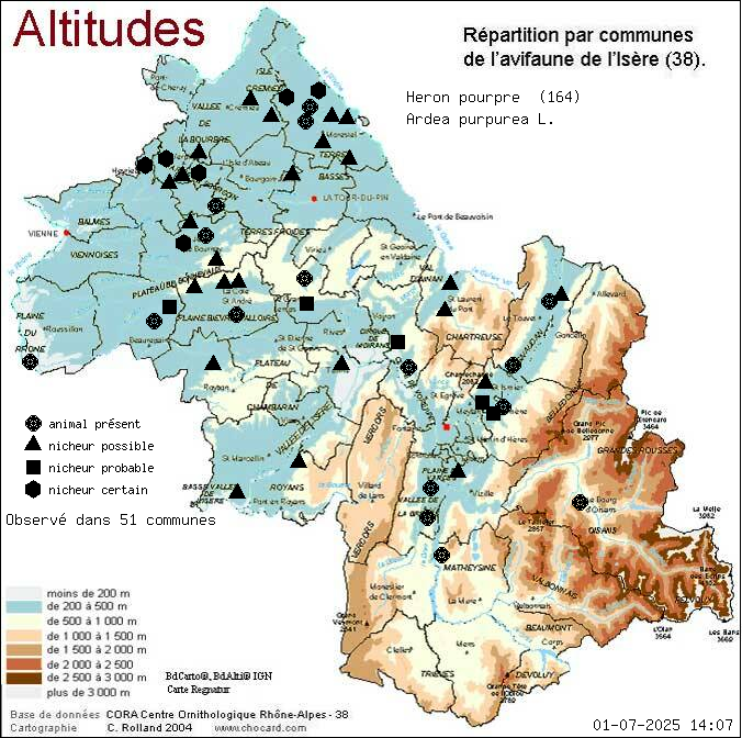 Hron pourpr (Ardea purpurea L.): carte de rpartition en Isre