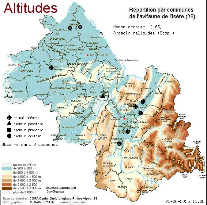 Hron crabier (Ardeola ralloides (Scop.)): carte de rpartition en Isre