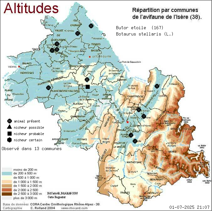 Butor toil (Botaurus stellaris (L.)): carte de rpartition en Isre