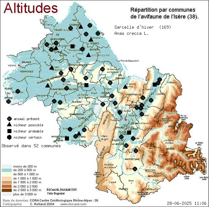 Sarcelle d hiver (Anas crecca L.): carte de rpartition en Isre