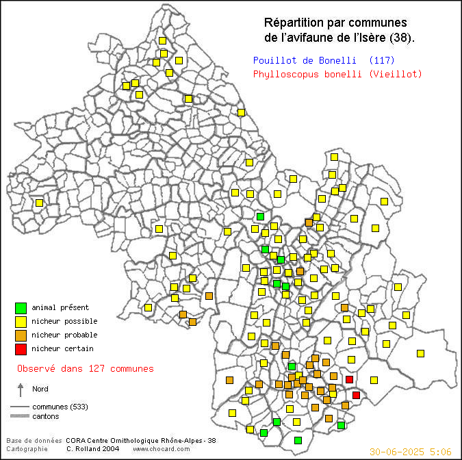 Pouillot de Bonelli (Phylloscopus bonelli (Vieillot)): carte de rpartition en Isre