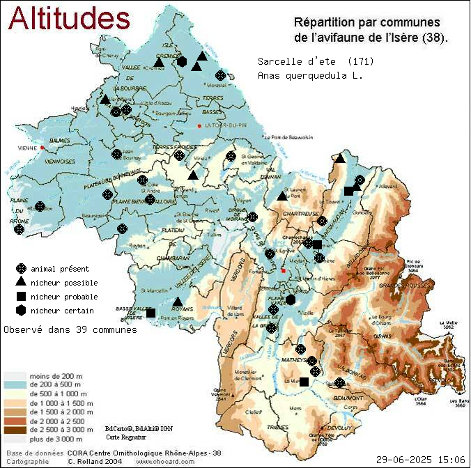 Sarcelle d t (Anas querquedula L.): carte de rpartition en Isre