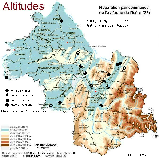 Fuligule nyroca (Aythyna nyroca (Gld.)): carte de rpartition en Isre