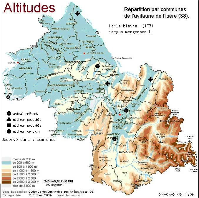 Harle bivre (Mergus merganser L.): carte de rpartition en Isre