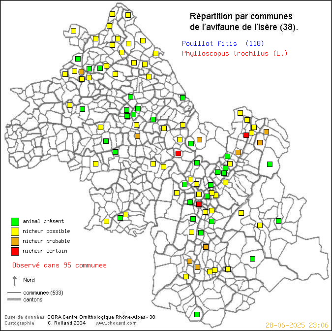 Carte de rpartition par communes en Isre d'une espce d'oiseau: Pouillot fitis (Phylloscopus trochilus (L.)) selon Communes et cantons