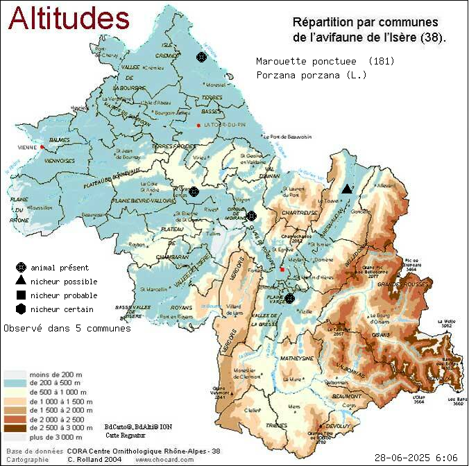 Marouette ponctue (Porzana porzana (L.)): carte de rpartition en Isre
