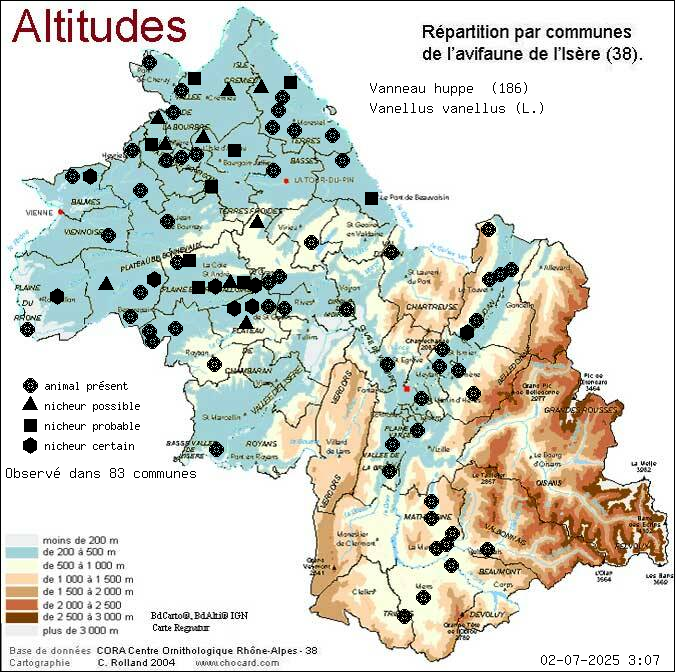 Carte de rpartition par communes en Isre d'une espce d'animal: Vanneau hupp (Vanellus vanellus (L.)) selon Altitudes